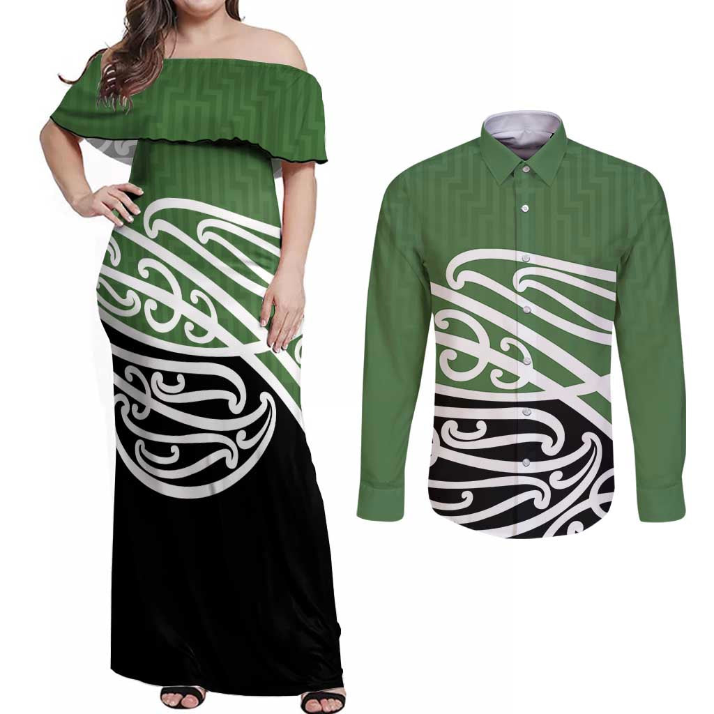 Green Fern New Zealand Kowhai Ngutukak Couples Matching Off Shoulder Maxi Dress and Long Sleeve Button Shirt LT9 Green - Polynesian Pride