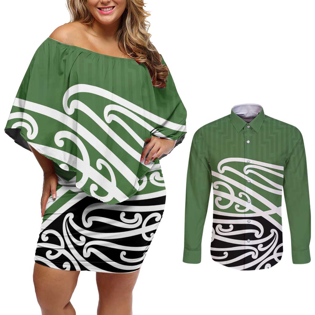 Green Fern New Zealand Kowhai Ngutukak Couples Matching Off Shoulder Short Dress and Long Sleeve Button Shirt LT9 Green - Polynesian Pride