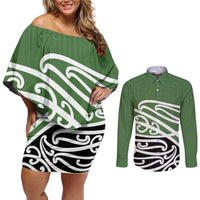 Green Fern New Zealand Kowhai Ngutukak Couples Matching Off Shoulder Short Dress and Long Sleeve Button Shirt LT9 Green - Polynesian Pride