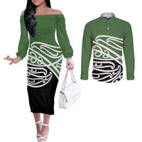 Green Fern New Zealand Kowhai Ngutukak Couples Matching Off The Shoulder Long Sleeve Dress and Long Sleeve Button Shirt LT9 Green - Polynesian Pride