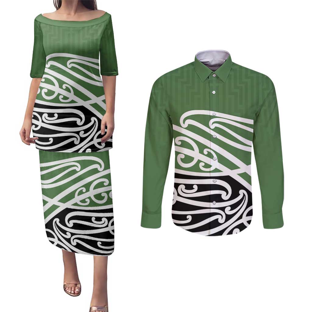 Green Fern New Zealand Kowhai Ngutukak Couples Matching Puletasi and Long Sleeve Button Shirt LT9 Green - Polynesian Pride