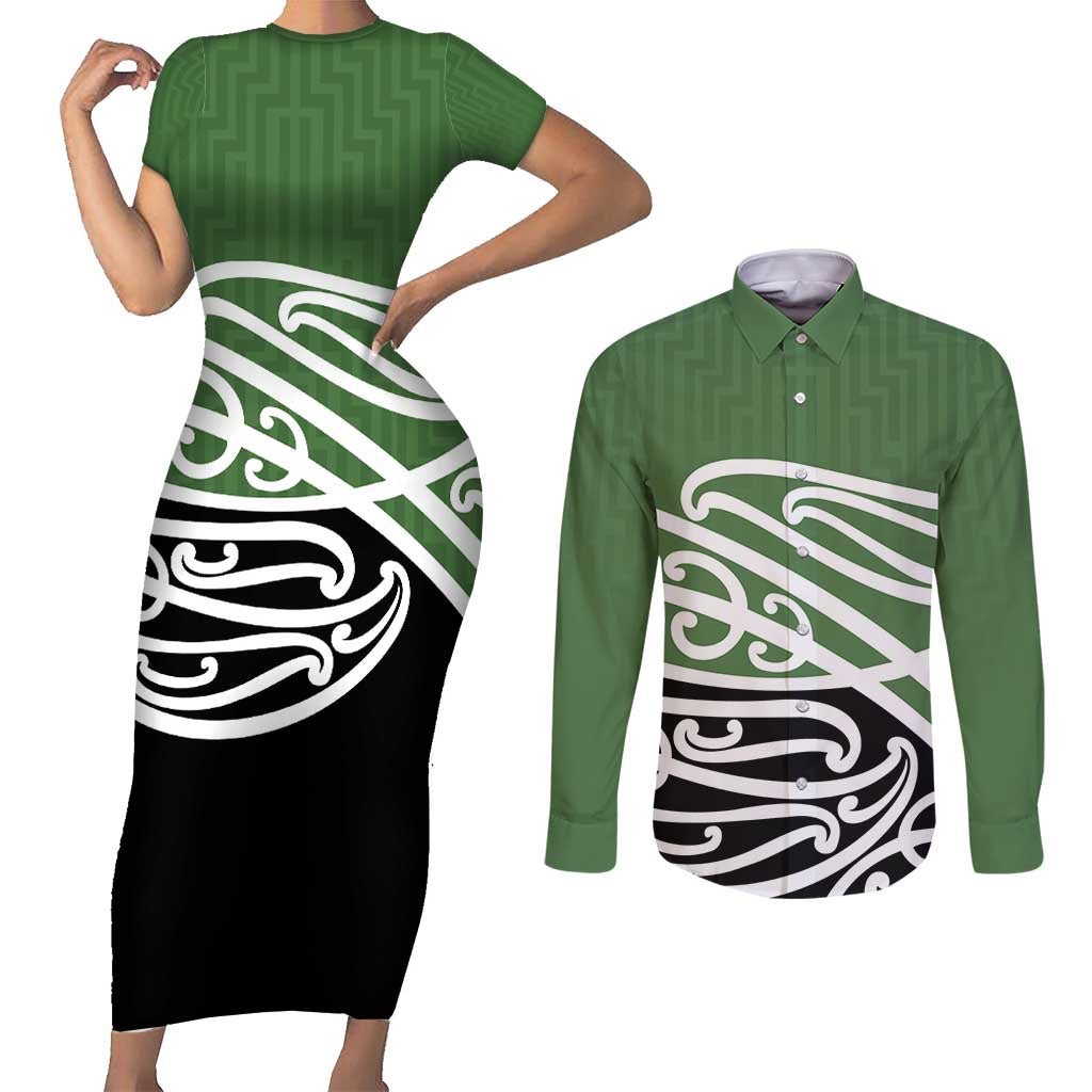 Green Fern New Zealand Kowhai Ngutukak Couples Matching Short Sleeve Bodycon Dress and Long Sleeve Button Shirt LT9 Green - Polynesian Pride