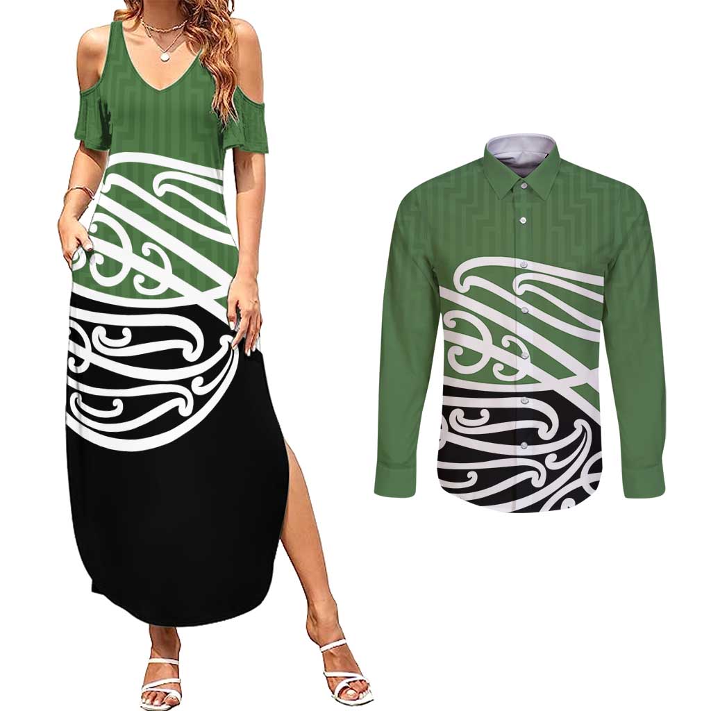 Green Fern New Zealand Kowhai Ngutukak Couples Matching Summer Maxi Dress and Long Sleeve Button Shirt LT9 Green - Polynesian Pride