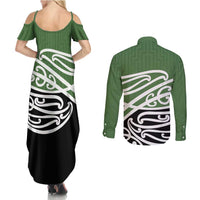 Green Fern New Zealand Kowhai Ngutukak Couples Matching Summer Maxi Dress and Long Sleeve Button Shirt LT9 - Polynesian Pride