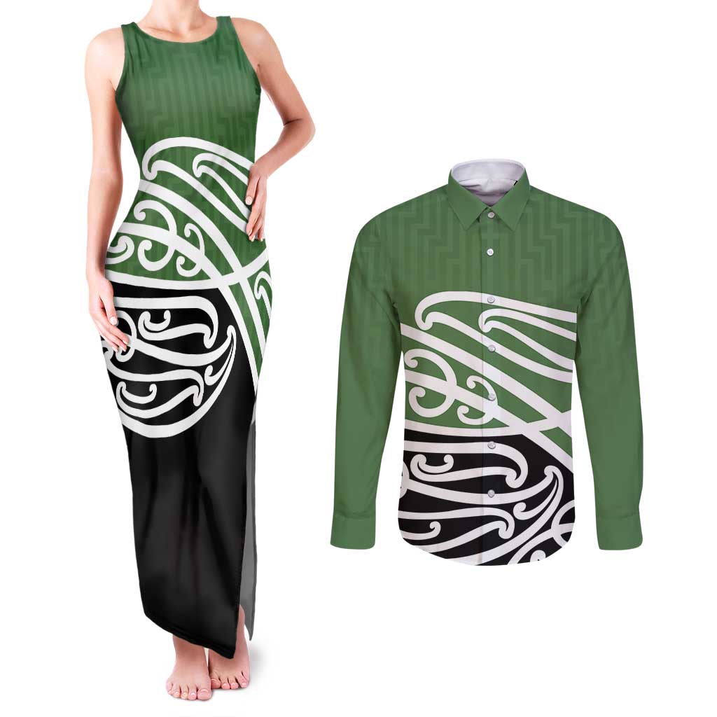 Green Fern New Zealand Kowhai Ngutukak Couples Matching Tank Maxi Dress and Long Sleeve Button Shirt LT9 Green - Polynesian Pride