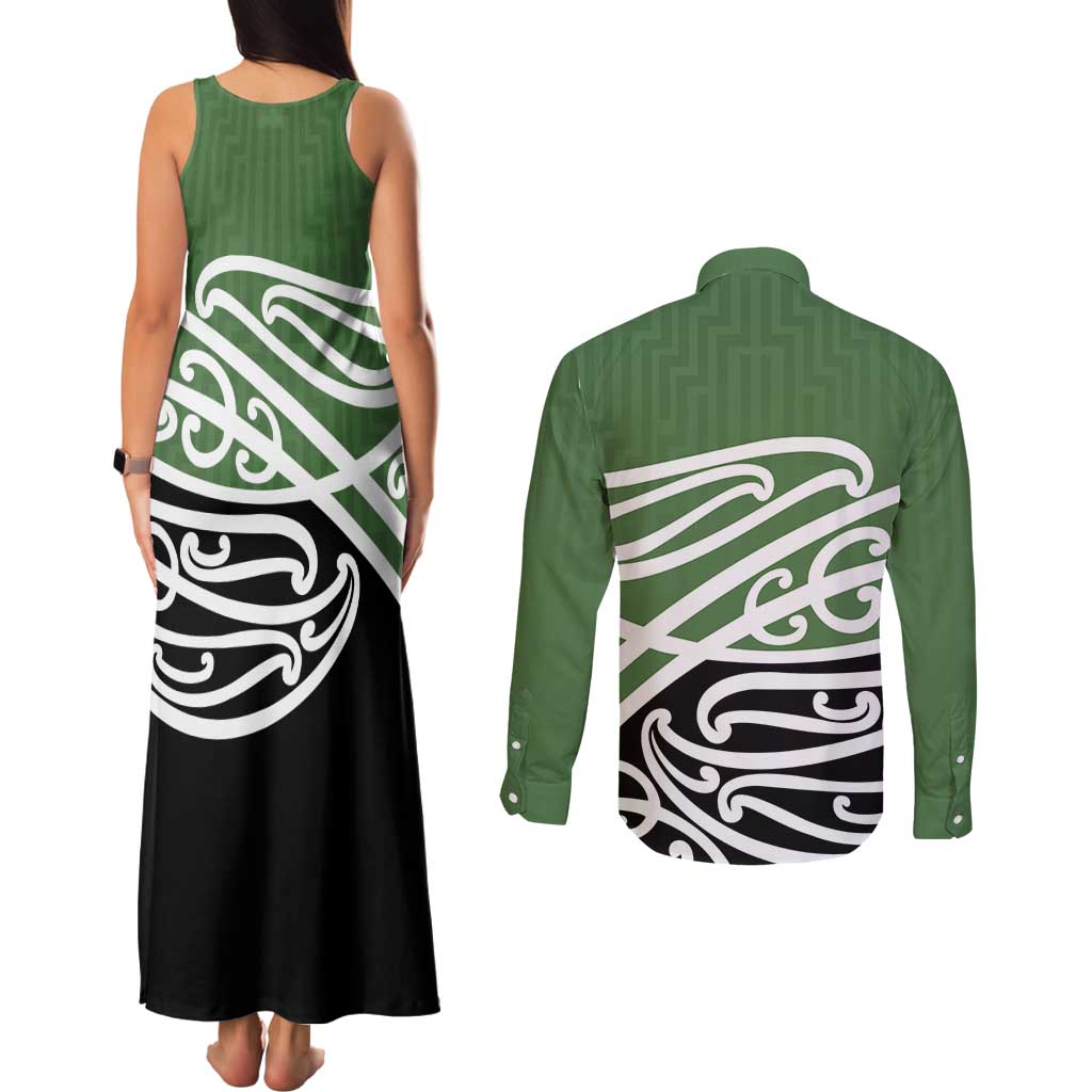 Green Fern New Zealand Kowhai Ngutukak Couples Matching Tank Maxi Dress and Long Sleeve Button Shirt LT9 - Polynesian Pride