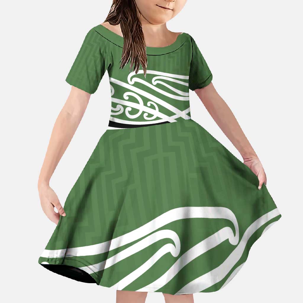 Green Fern New Zealand Kowhai Ngutukak Family Matching Long Sleeve Bodycon Dress and Hawaiian Shirt LT9 Daughter's Dress Green - Polynesian Pride