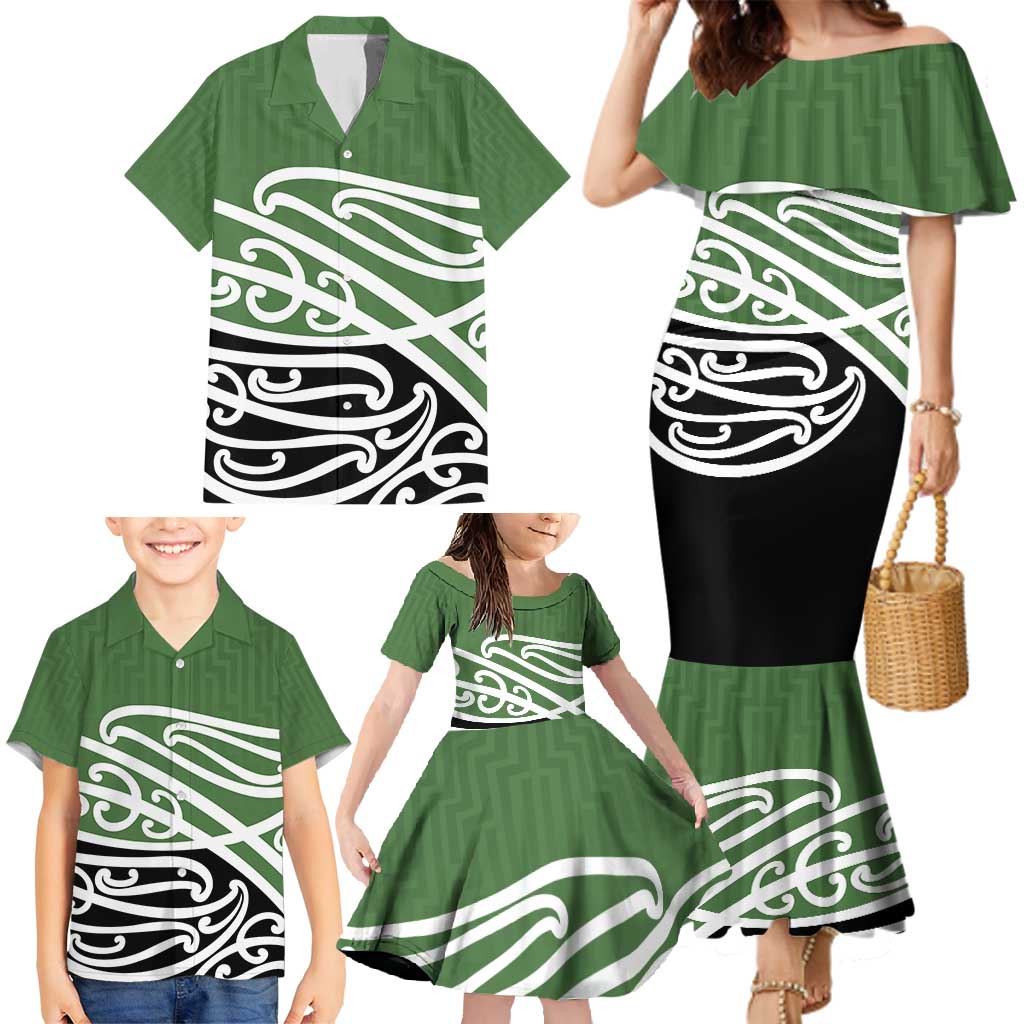 Green Fern New Zealand Kowhai Ngutukak Family Matching Mermaid Dress and Hawaiian Shirt LT9 - Polynesian Pride