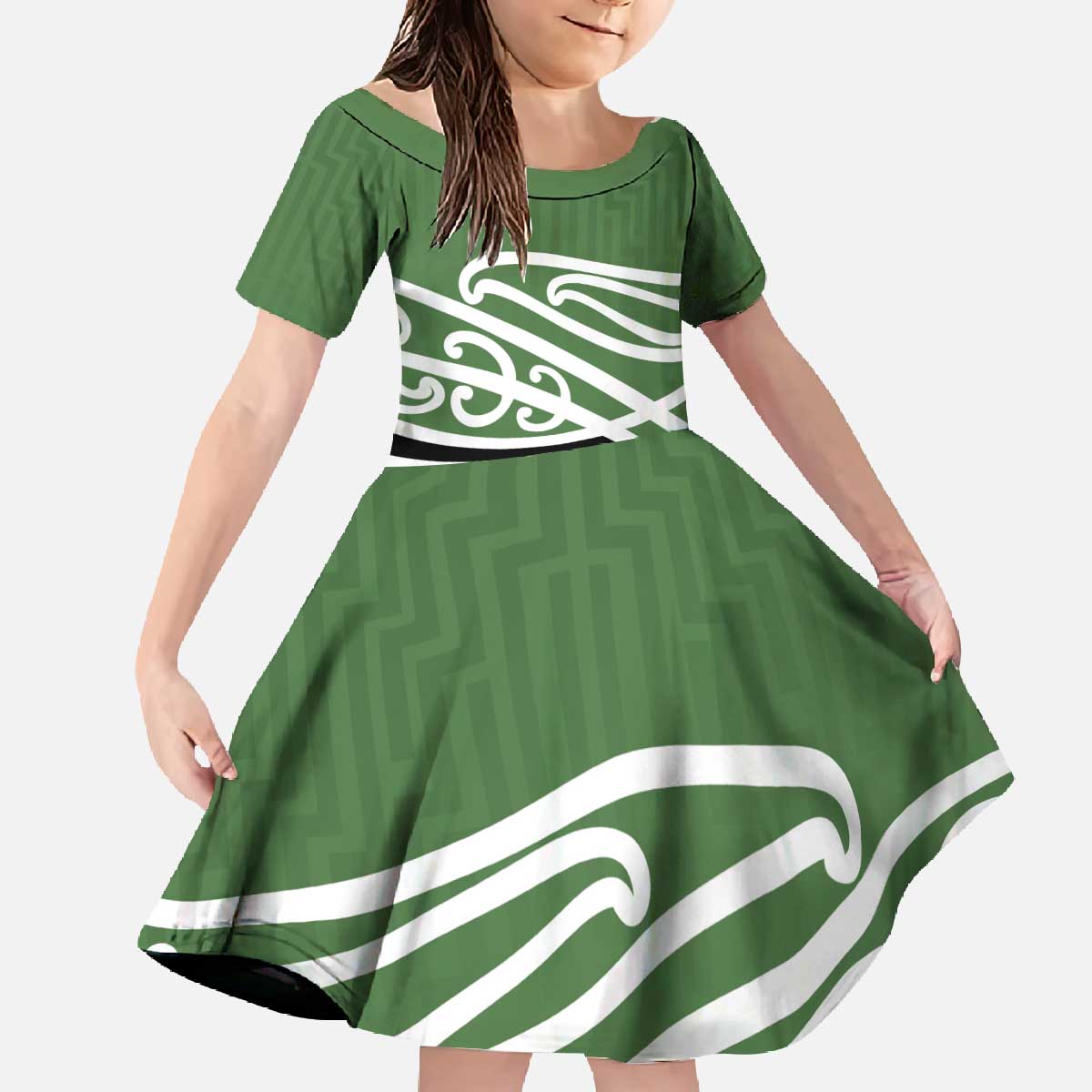 Green Fern New Zealand Kowhai Ngutukak Family Matching Off The Shoulder Long Sleeve Dress and Hawaiian Shirt LT9 Daughter's Dress Green - Polynesian Pride