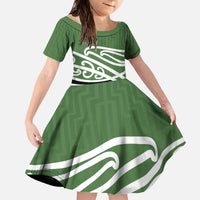 Green Fern New Zealand Kowhai Ngutukak Family Matching Off The Shoulder Long Sleeve Dress and Hawaiian Shirt LT9 Daughter's Dress Green - Polynesian Pride