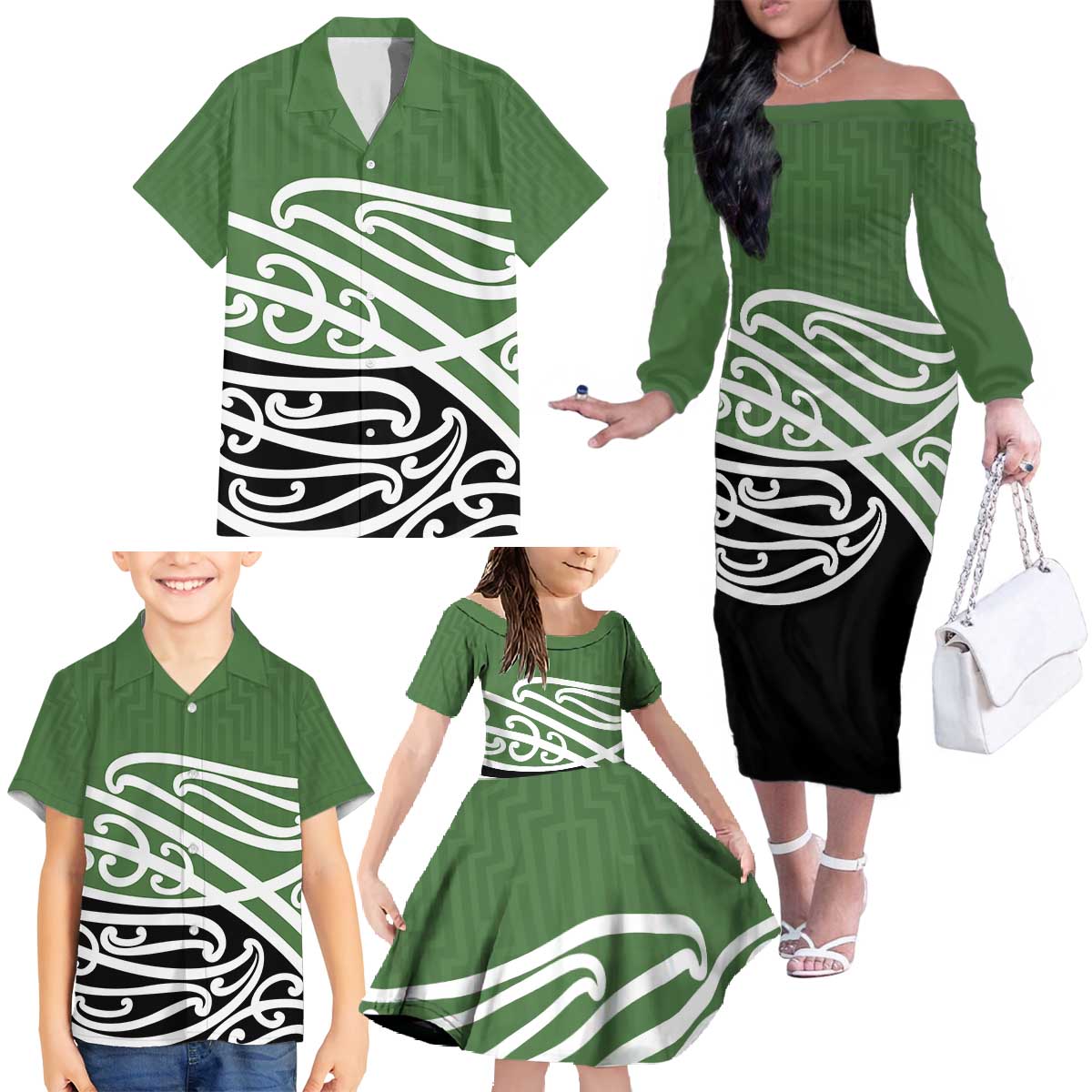 Green Fern New Zealand Kowhai Ngutukak Family Matching Off The Shoulder Long Sleeve Dress and Hawaiian Shirt LT9 - Polynesian Pride