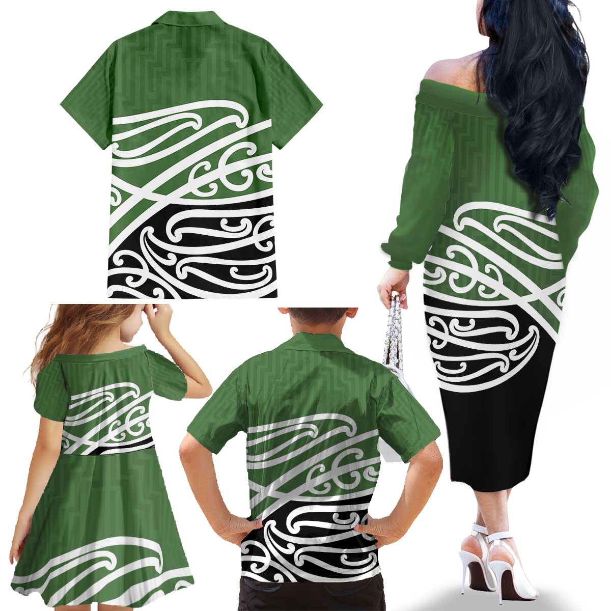 Green Fern New Zealand Kowhai Ngutukak Family Matching Off The Shoulder Long Sleeve Dress and Hawaiian Shirt LT9 - Polynesian Pride