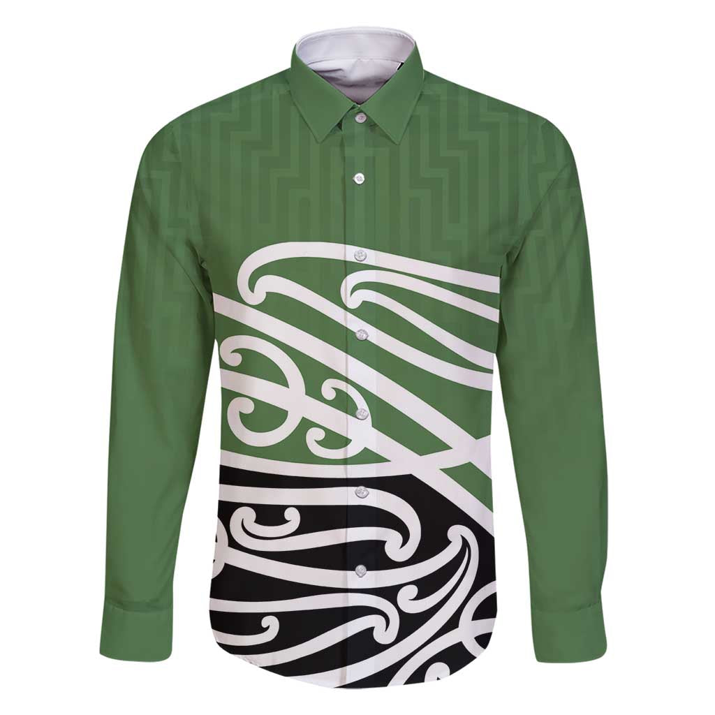 Green Fern New Zealand Kowhai Ngutukak Family Matching Off Shoulder Maxi Dress and Hawaiian Shirt LT9 Dad's Shirt - Long Sleeve Green - Polynesian Pride