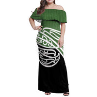 Green Fern New Zealand Kowhai Ngutukak Family Matching Off Shoulder Maxi Dress and Hawaiian Shirt LT9 Mom's Dress Green - Polynesian Pride