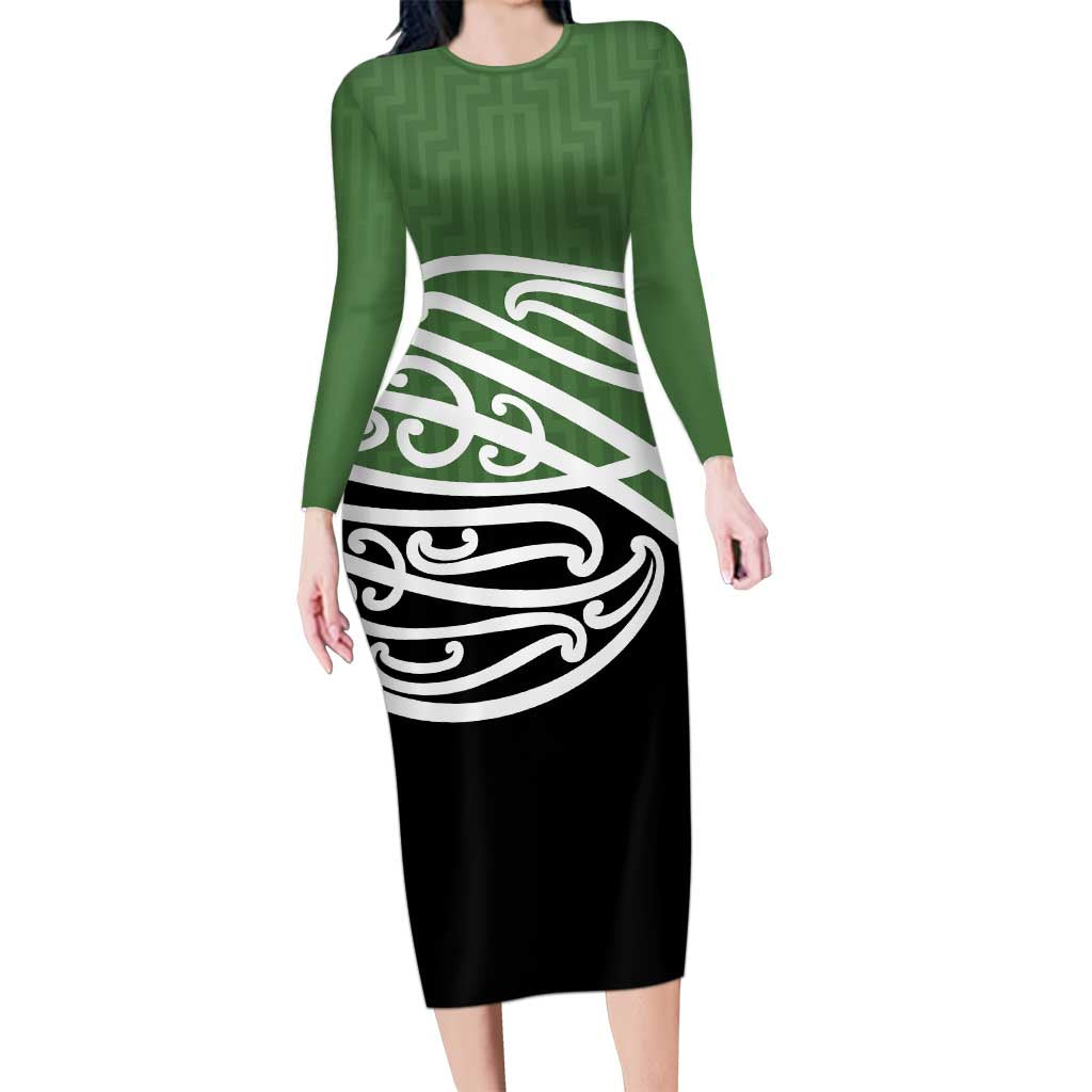 Green Fern New Zealand Kowhai Ngutukak Long Sleeve Bodycon Dress LT9 Long Dress Green - Polynesian Pride