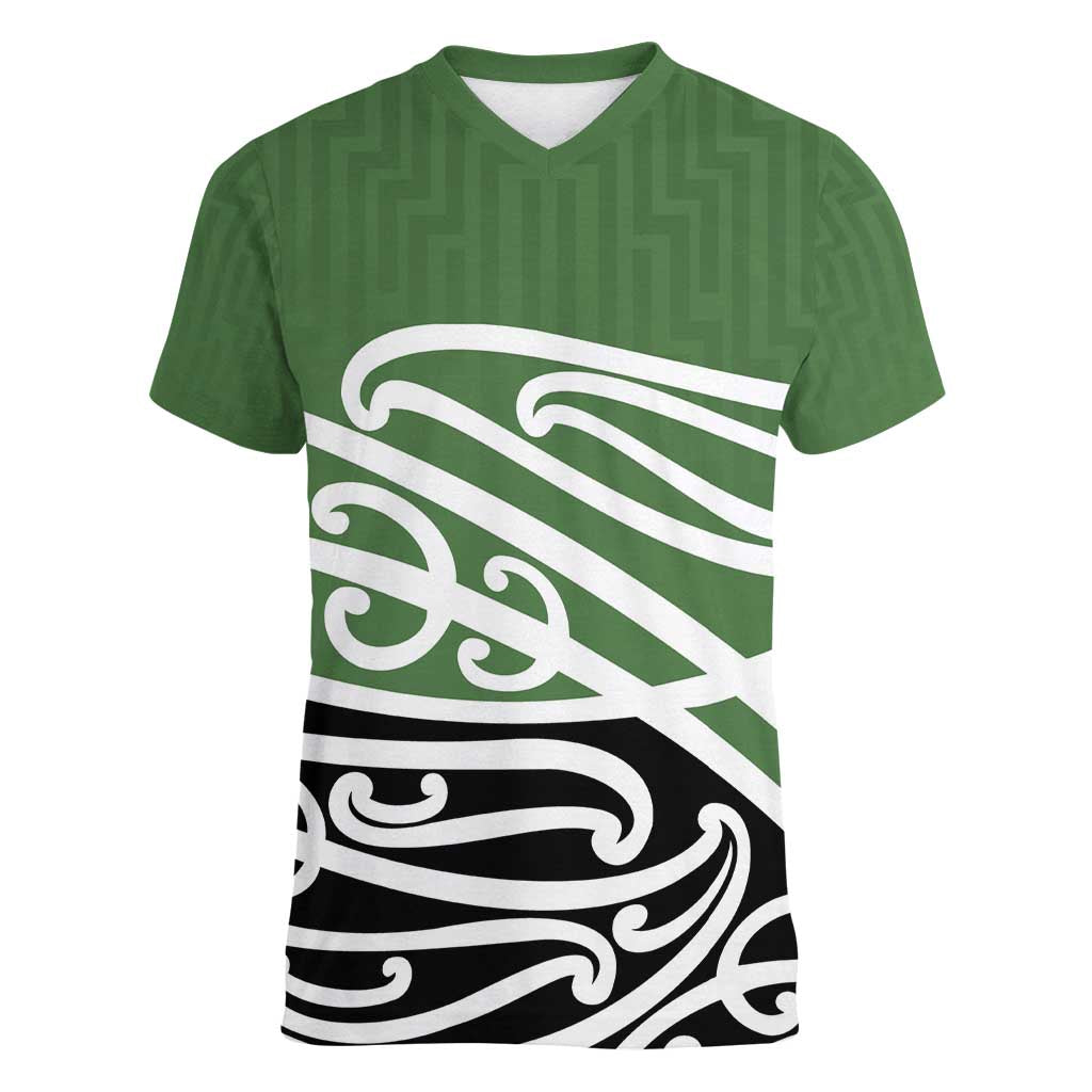 Green Fern New Zealand Kowhai Ngutukak Women V-Neck T-Shirt LT9 Female Green - Polynesian Pride