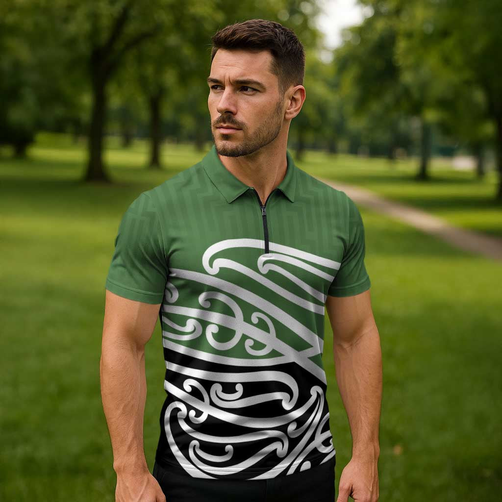 Green Fern New Zealand Kowhai Ngutukak Zipper Polo Shirt LT9 - Polynesian Pride