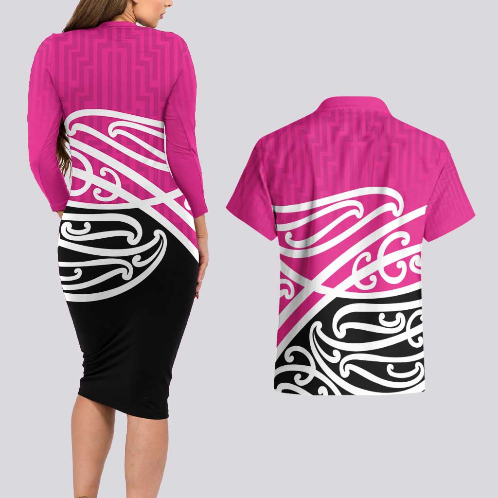 All Pink New Zealand Kowhai Ngutukak Couples Matching Long Sleeve Bodycon Dress and Hawaiian Shirt LT9 - Polynesian Pride