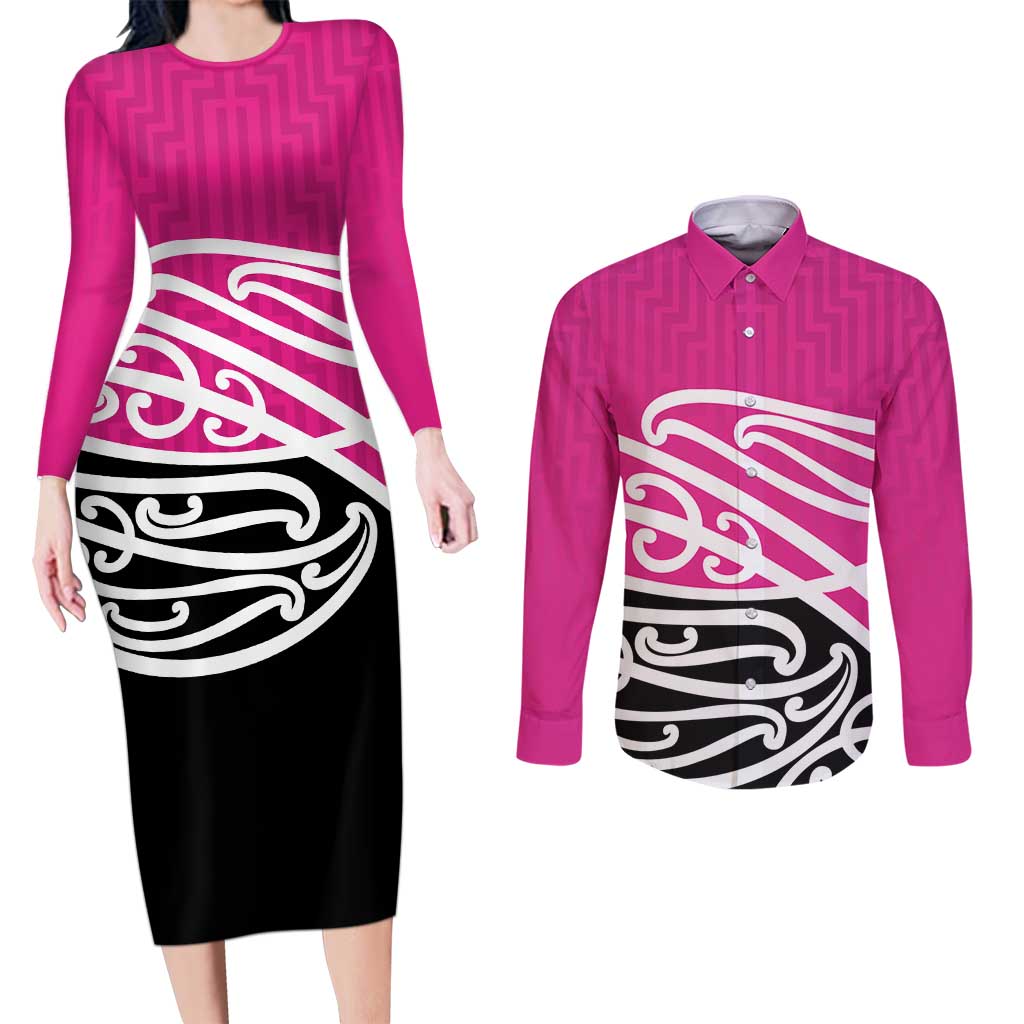 All Pink New Zealand Kowhai Ngutukak Couples Matching Long Sleeve Bodycon Dress and Long Sleeve Button Shirt LT9 Pink - Polynesian Pride