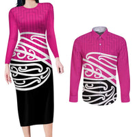 All Pink New Zealand Kowhai Ngutukak Couples Matching Long Sleeve Bodycon Dress and Long Sleeve Button Shirt LT9 Pink - Polynesian Pride