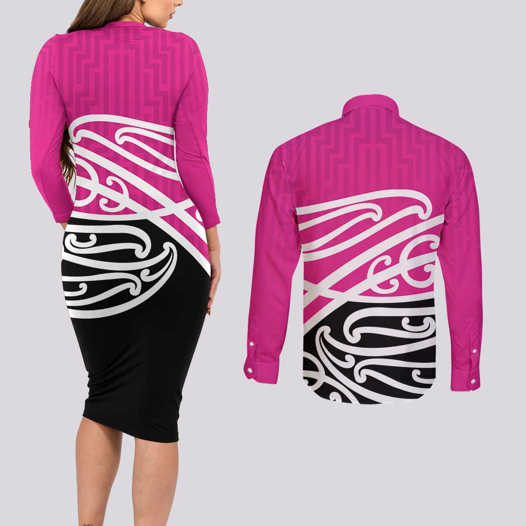 All Pink New Zealand Kowhai Ngutukak Couples Matching Long Sleeve Bodycon Dress and Long Sleeve Button Shirt LT9 - Polynesian Pride