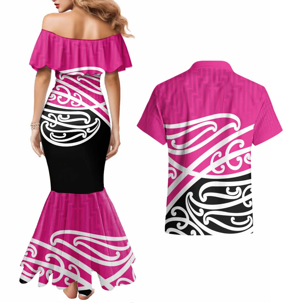 All Pink New Zealand Kowhai Ngutukak Couples Matching Mermaid Dress and Hawaiian Shirt LT9 - Polynesian Pride