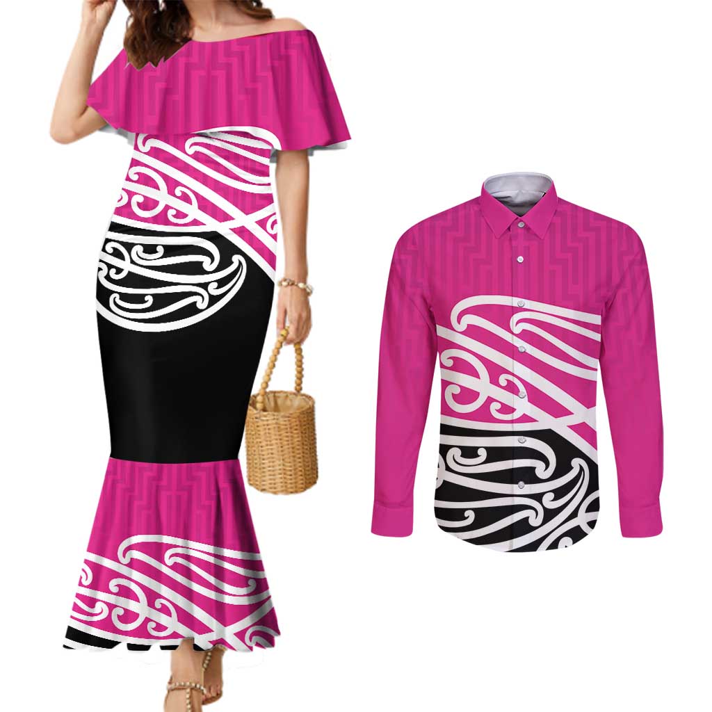 All Pink New Zealand Kowhai Ngutukak Couples Matching Mermaid Dress and Long Sleeve Button Shirt LT9 Pink - Polynesian Pride