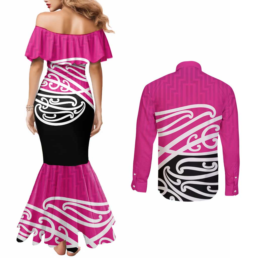 All Pink New Zealand Kowhai Ngutukak Couples Matching Mermaid Dress and Long Sleeve Button Shirt LT9 - Polynesian Pride