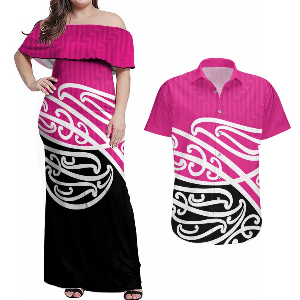 All Pink New Zealand Kowhai Ngutukak Couples Matching Off Shoulder Maxi Dress and Hawaiian Shirt LT9 Pink - Polynesian Pride