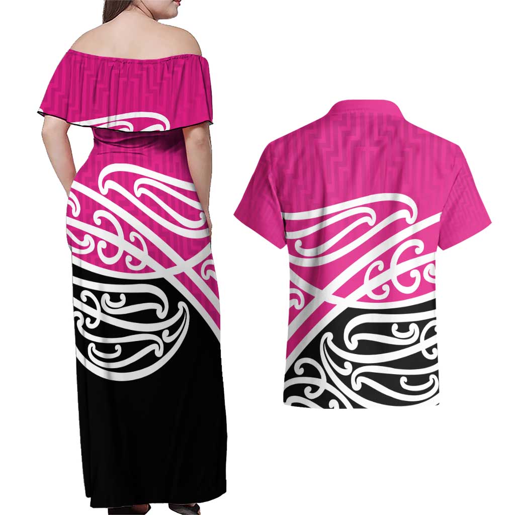 All Pink New Zealand Kowhai Ngutukak Couples Matching Off Shoulder Maxi Dress and Hawaiian Shirt LT9 - Polynesian Pride