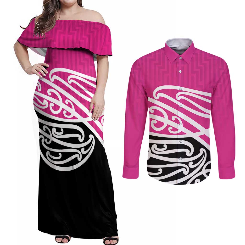 All Pink New Zealand Kowhai Ngutukak Couples Matching Off Shoulder Maxi Dress and Long Sleeve Button Shirt LT9 Pink - Polynesian Pride