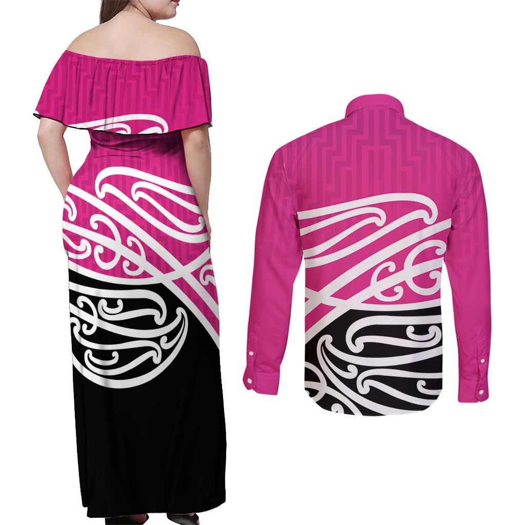All Pink New Zealand Kowhai Ngutukak Couples Matching Off Shoulder Maxi Dress and Long Sleeve Button Shirt LT9 - Polynesian Pride