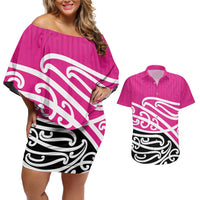 All Pink New Zealand Kowhai Ngutukak Couples Matching Off Shoulder Short Dress and Hawaiian Shirt LT9 Pink - Polynesian Pride