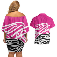 All Pink New Zealand Kowhai Ngutukak Couples Matching Off Shoulder Short Dress and Hawaiian Shirt LT9 - Polynesian Pride