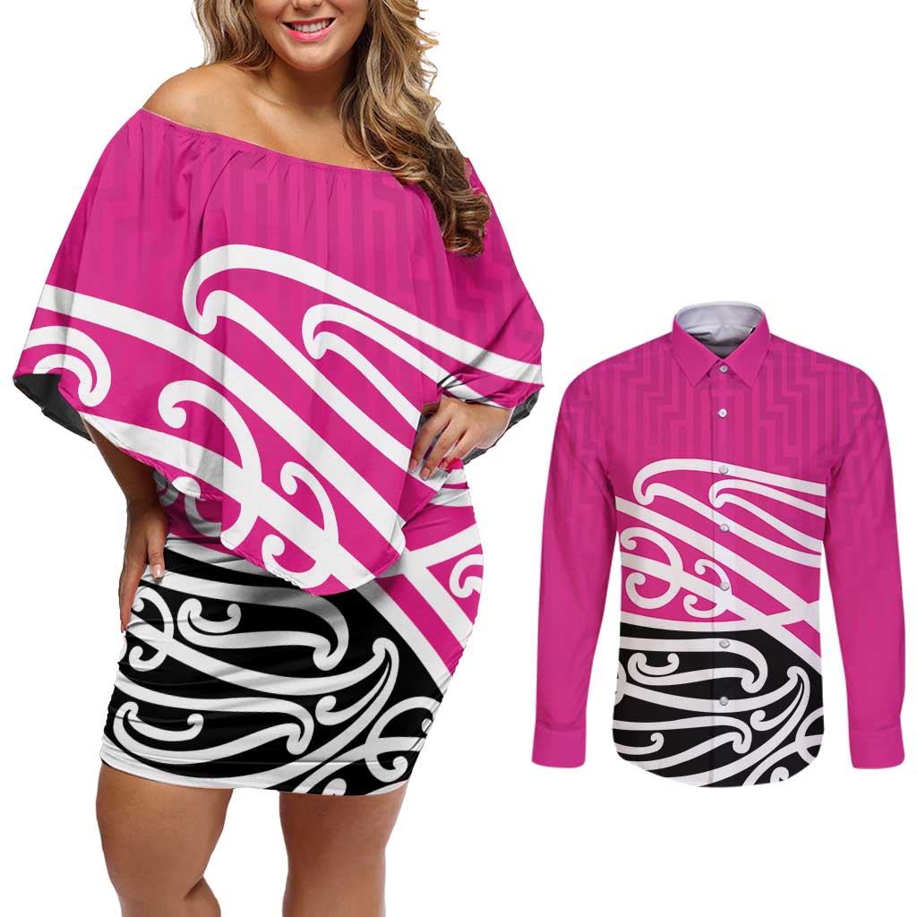 All Pink New Zealand Kowhai Ngutukak Couples Matching Off Shoulder Short Dress and Long Sleeve Button Shirt LT9 Pink - Polynesian Pride