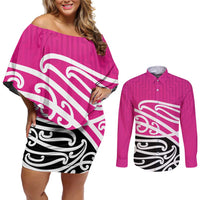 All Pink New Zealand Kowhai Ngutukak Couples Matching Off Shoulder Short Dress and Long Sleeve Button Shirt LT9 Pink - Polynesian Pride