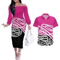 All Pink New Zealand Kowhai Ngutukak Couples Matching Off The Shoulder Long Sleeve Dress and Hawaiian Shirt LT9 Pink - Polynesian Pride