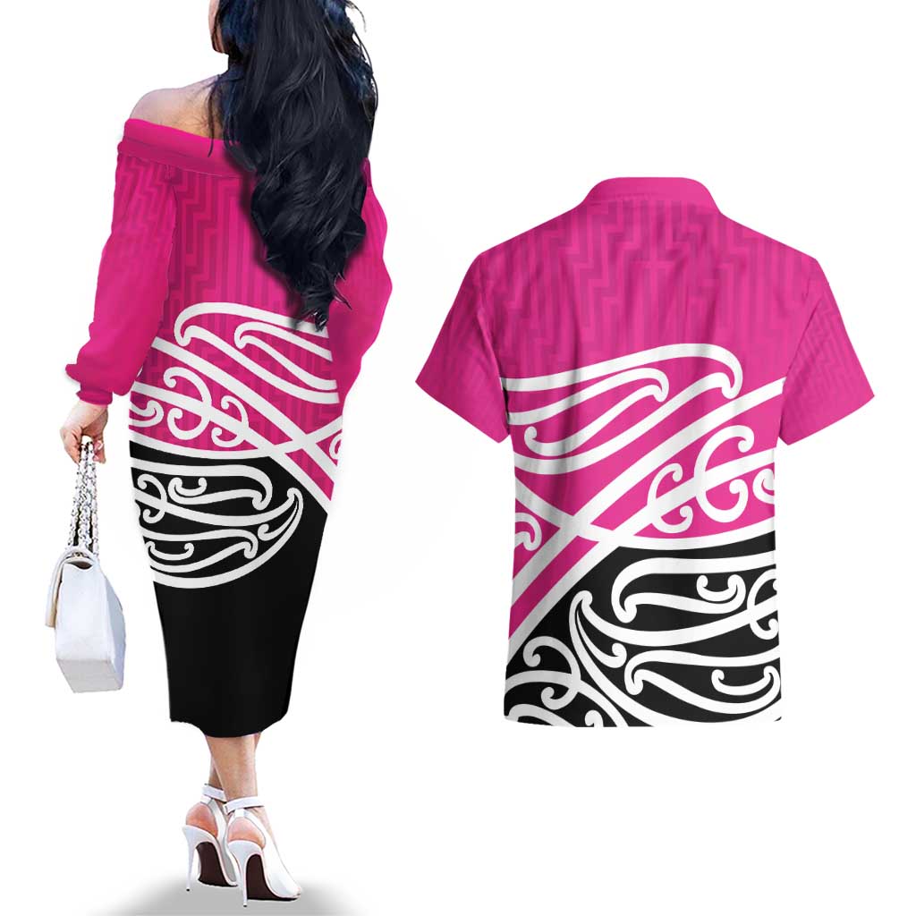 All Pink New Zealand Kowhai Ngutukak Couples Matching Off The Shoulder Long Sleeve Dress and Hawaiian Shirt LT9 - Polynesian Pride
