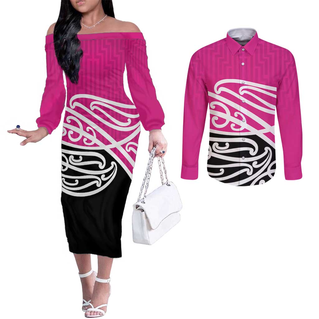 All Pink New Zealand Kowhai Ngutukak Couples Matching Off The Shoulder Long Sleeve Dress and Long Sleeve Button Shirt LT9 Pink - Polynesian Pride