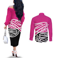 All Pink New Zealand Kowhai Ngutukak Couples Matching Off The Shoulder Long Sleeve Dress and Long Sleeve Button Shirt LT9 - Polynesian Pride