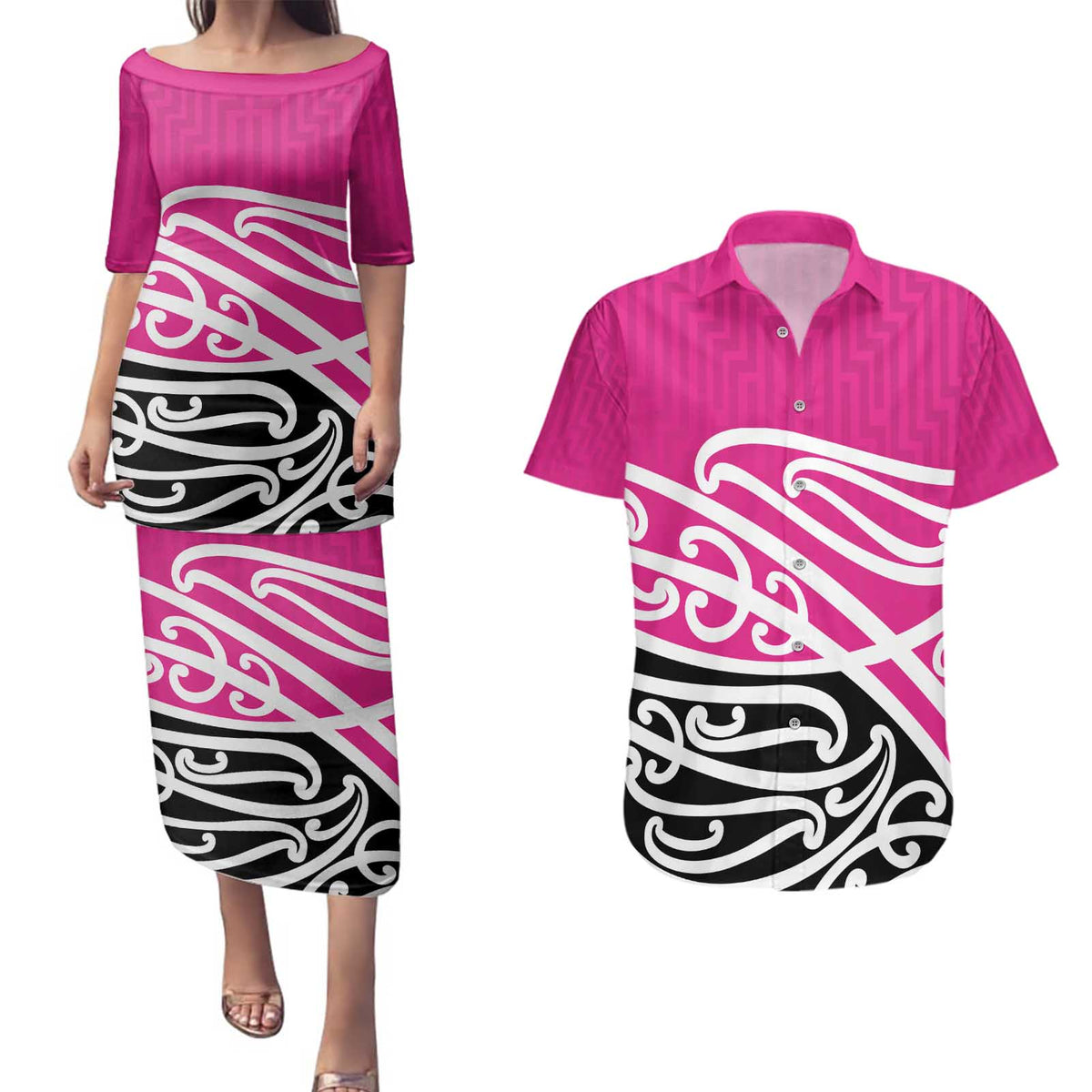 All Pink New Zealand Kowhai Ngutukak Couples Matching Puletasi and Hawaiian Shirt LT9 Pink - Polynesian Pride