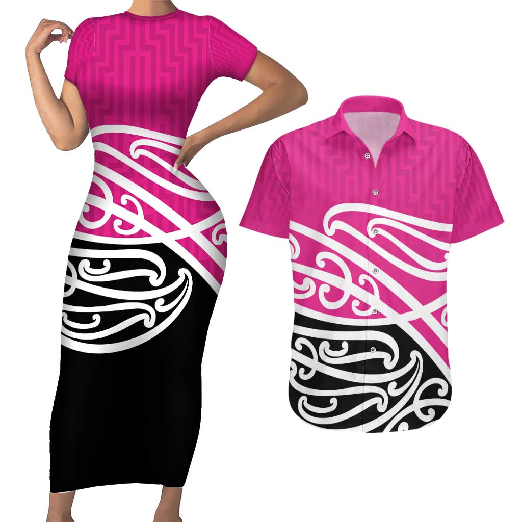 All Pink New Zealand Kowhai Ngutukak Couples Matching Short Sleeve Bodycon Dress and Hawaiian Shirt LT9 Pink - Polynesian Pride