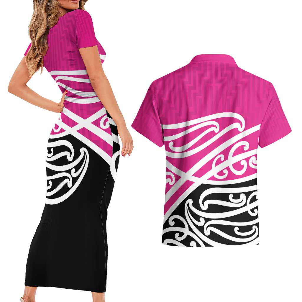 All Pink New Zealand Kowhai Ngutukak Couples Matching Short Sleeve Bodycon Dress and Hawaiian Shirt LT9 - Polynesian Pride