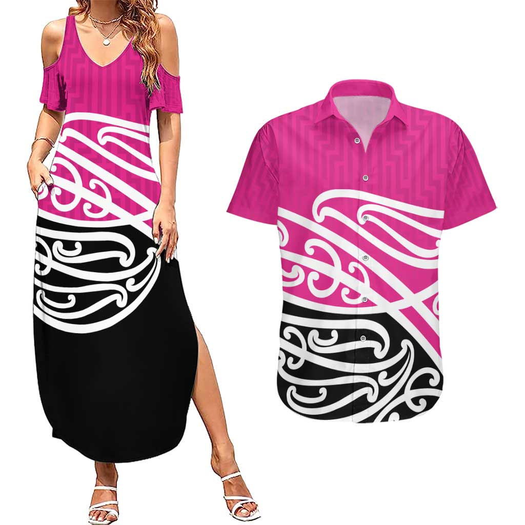 All Pink New Zealand Kowhai Ngutukak Couples Matching Summer Maxi Dress and Hawaiian Shirt LT9 Pink - Polynesian Pride