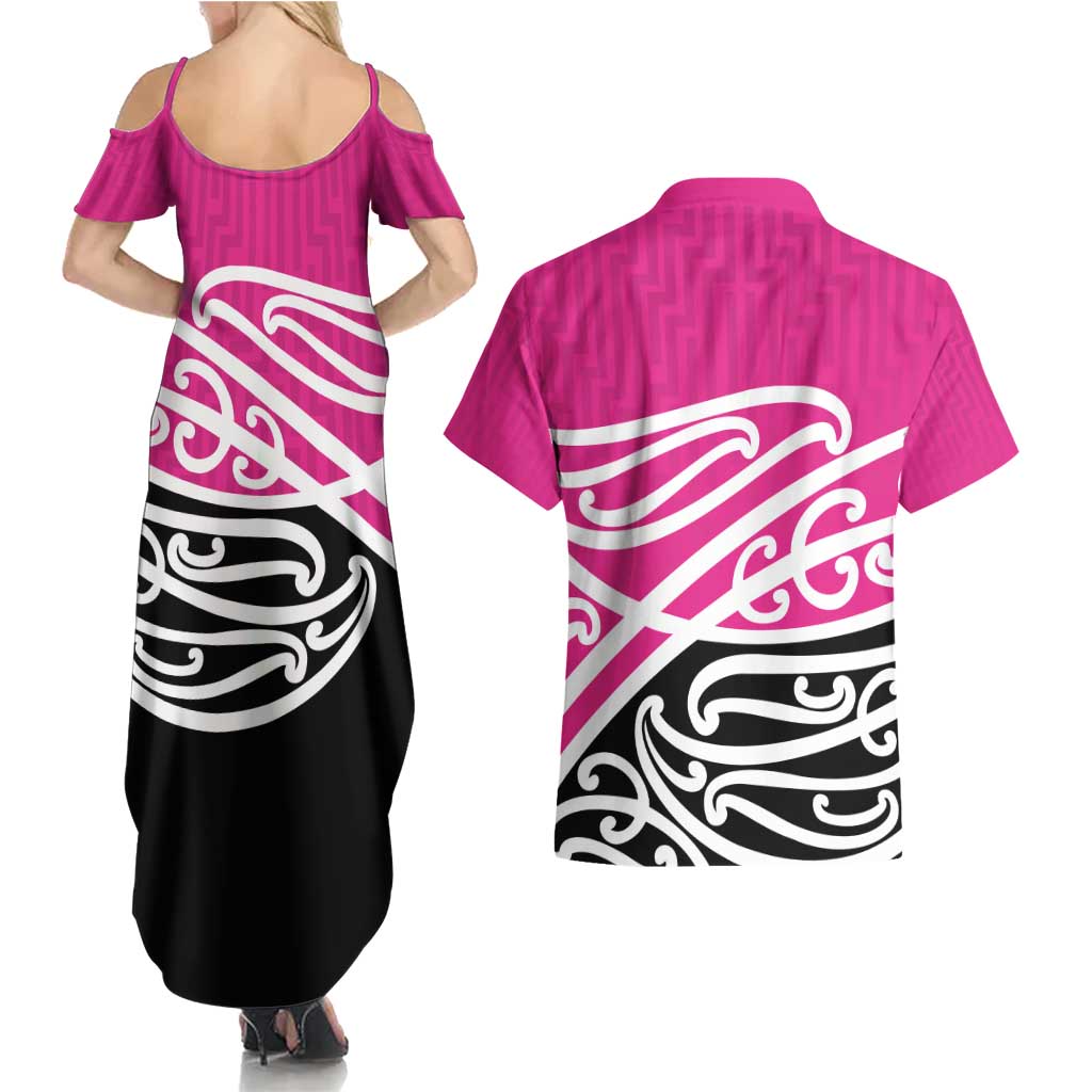All Pink New Zealand Kowhai Ngutukak Couples Matching Summer Maxi Dress and Hawaiian Shirt LT9 - Polynesian Pride