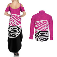 All Pink New Zealand Kowhai Ngutukak Couples Matching Summer Maxi Dress and Long Sleeve Button Shirt LT9 - Polynesian Pride