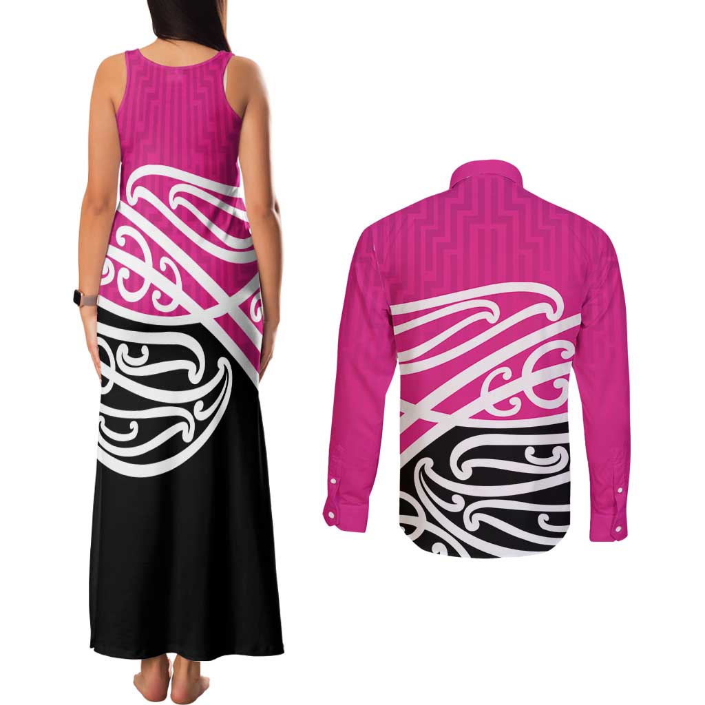 All Pink New Zealand Kowhai Ngutukak Couples Matching Tank Maxi Dress and Long Sleeve Button Shirt LT9 - Polynesian Pride