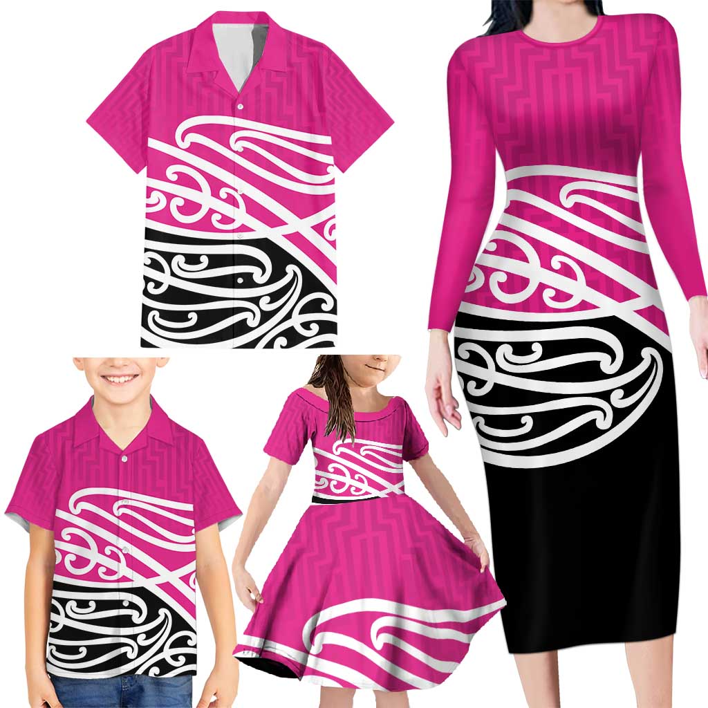 All Pink New Zealand Kowhai Ngutukak Family Matching Long Sleeve Bodycon Dress and Hawaiian Shirt LT9 - Polynesian Pride