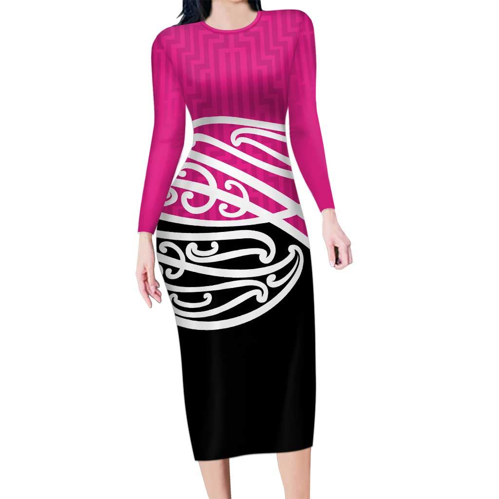 All Pink New Zealand Kowhai Ngutukak Family Matching Long Sleeve Bodycon Dress and Hawaiian Shirt LT9 Mom's Dress Pink - Polynesian Pride