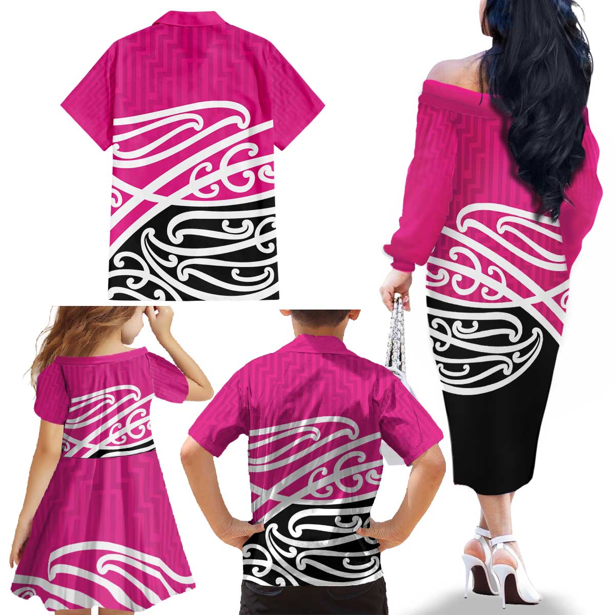 All Pink New Zealand Kowhai Ngutukak Family Matching Off The Shoulder Long Sleeve Dress and Hawaiian Shirt LT9 - Polynesian Pride